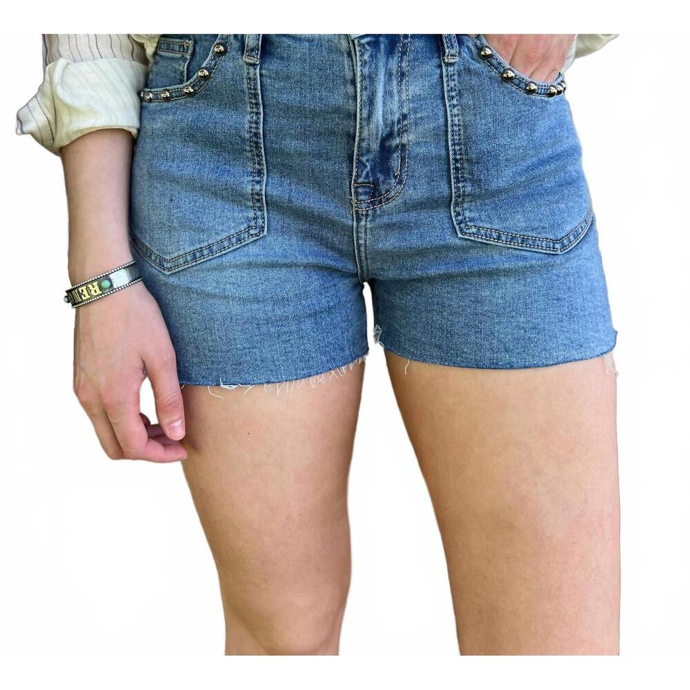 NEW ROCK & ROLL DENIM women's studded denim shorts in blue - Picture 3 of 5